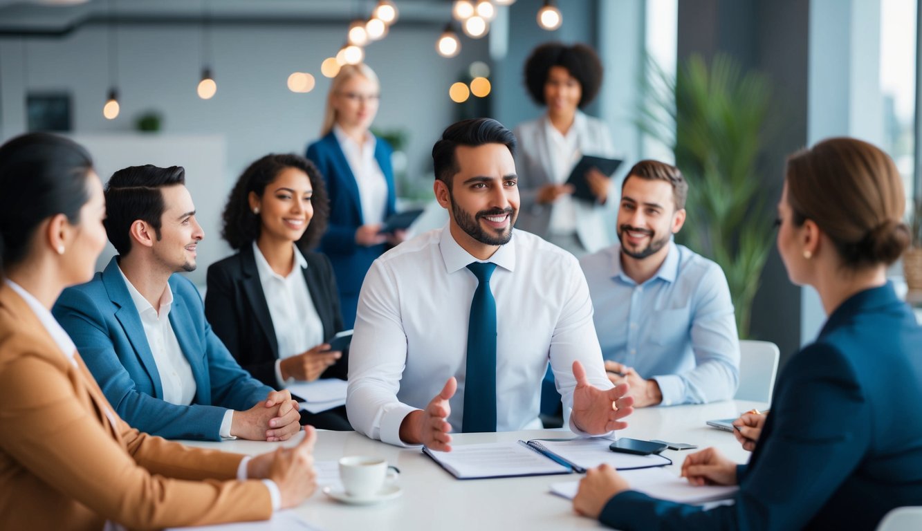 A new business owner confidently communicates with employees, using open body language and attentive listening, building trust and credibility as a leader