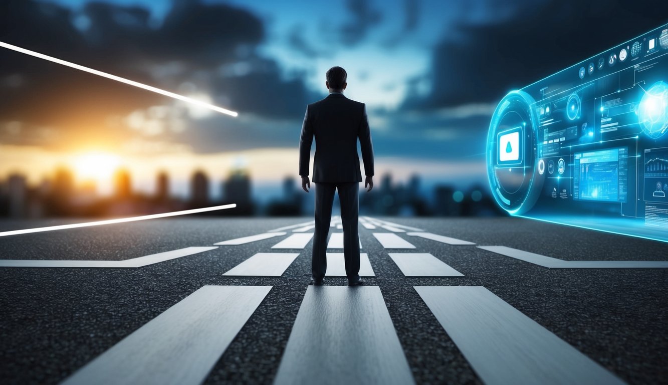 A figure stands at a crossroads, one path leading to a traditional office setting, the other to a futuristic digital landscape