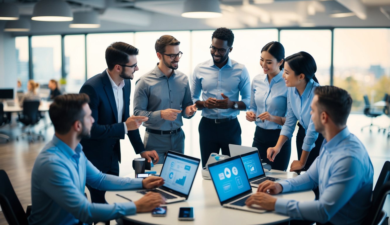 A group of employees standing in a circle, surrounded by digital devices and technology, engaged in a discussion and brainstorming session