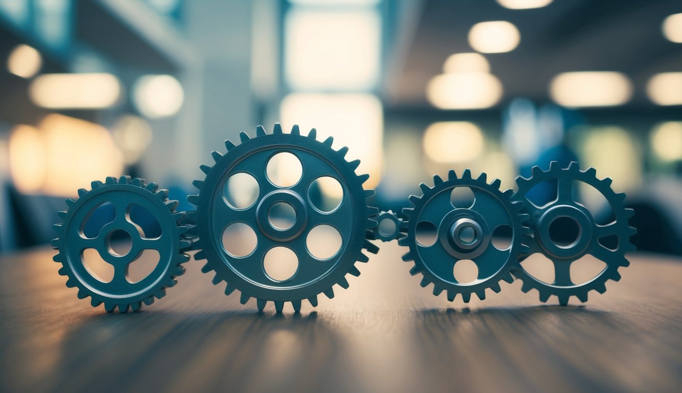 A group of gears interlocking and turning, symbolizing the interconnectedness and progress of continuous improvement and innovation within a digital workplace