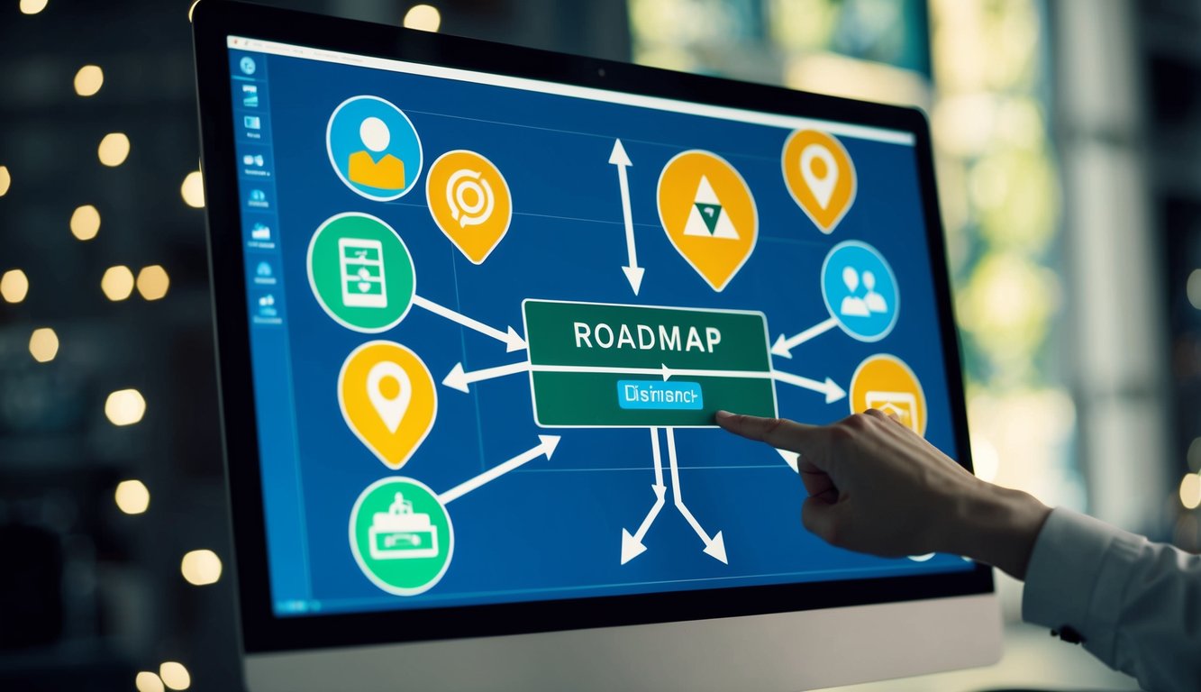 A computer screen displaying a roadmap with various digital icons and arrows pointing towards a central destination