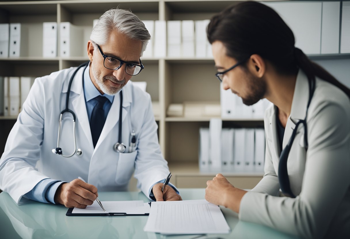 A doctor reviewing medical records and discussing treatment options with a patient