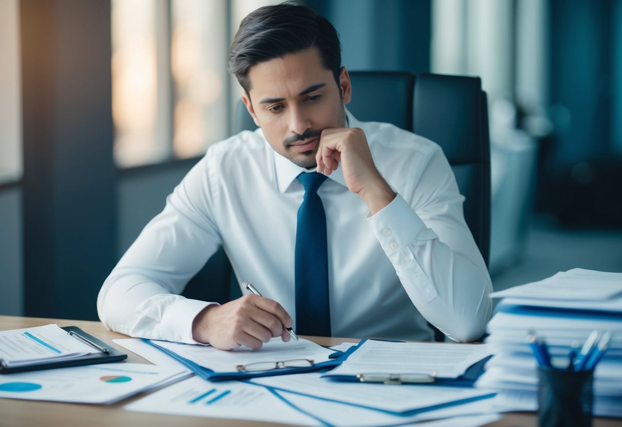 A person sitting at a desk, surrounded by paperwork and financial documents. They are deep in thought, pondering over the details of a consumer proposal