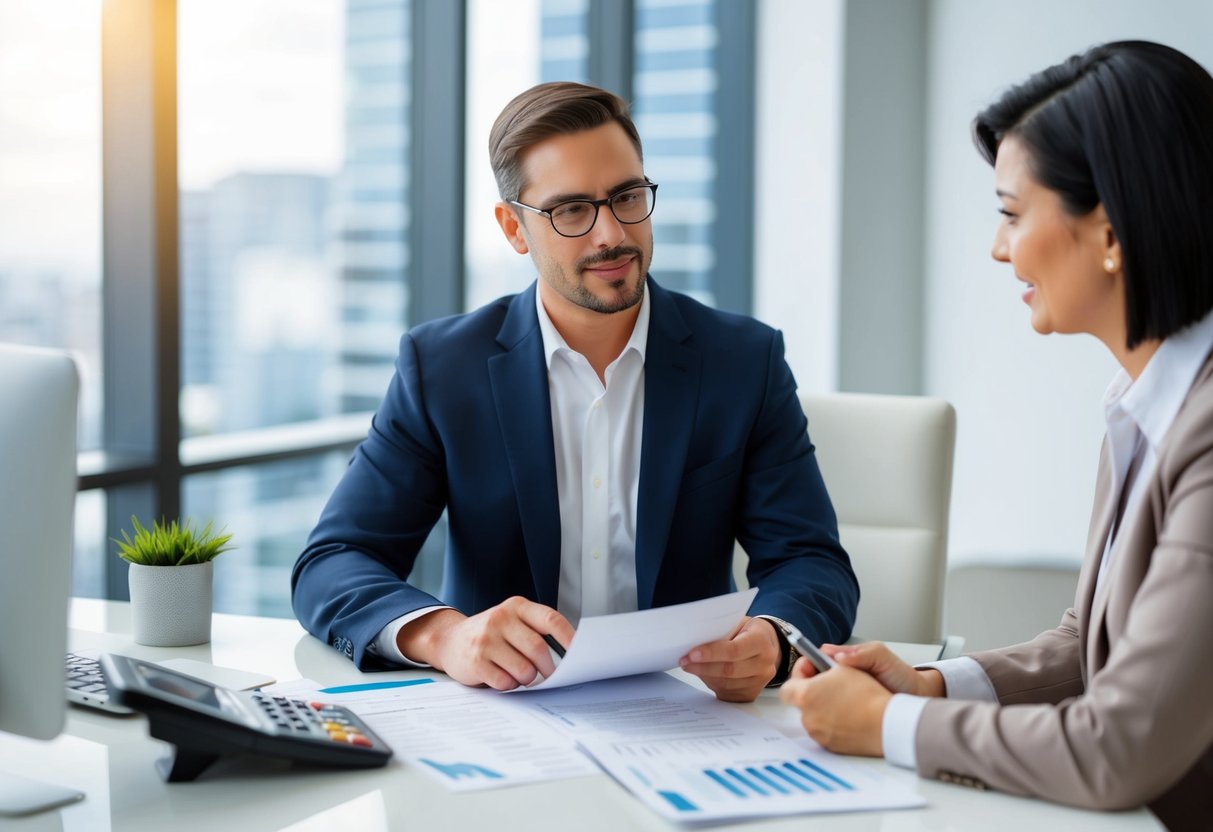 A person sitting at a desk, surrounded by paperwork and a calculator, discussing a consumer proposal with a financial advisor