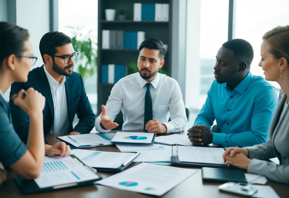 A person sitting at a desk, surrounded by paperwork and files, explaining a consumer proposal to a group of interested individuals