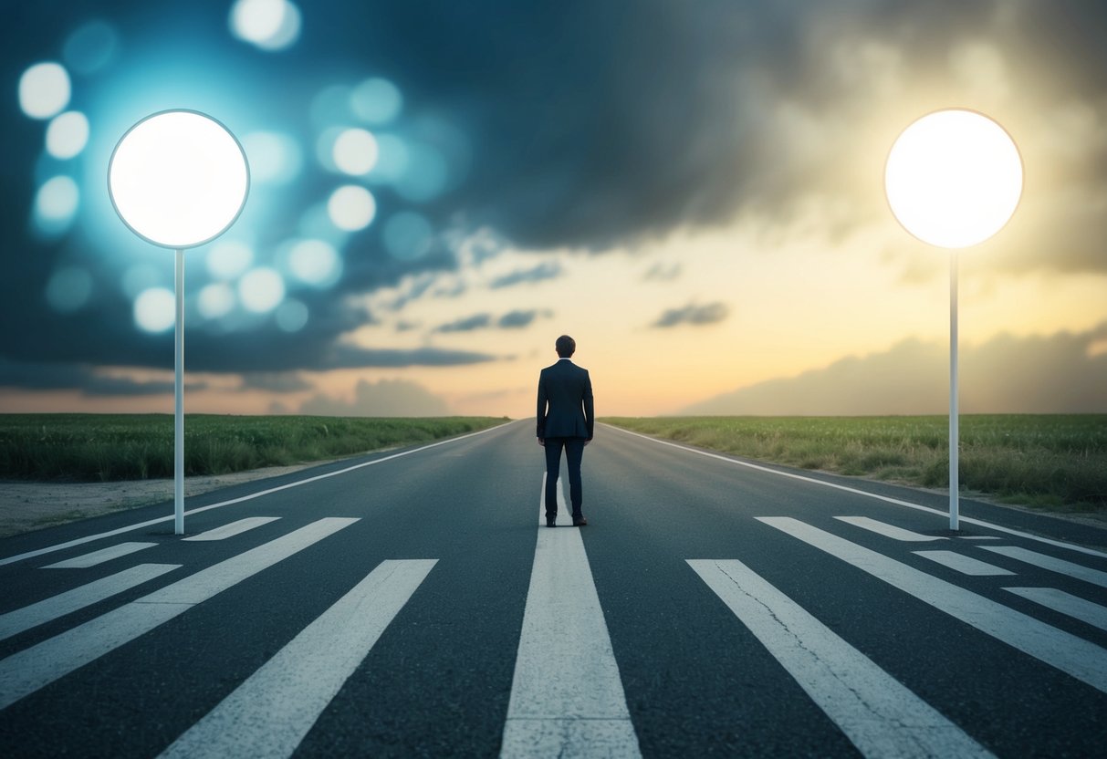 A person standing at a crossroads, with one path leading to a bright, clear future and the other path leading to a dark, uncertain future
