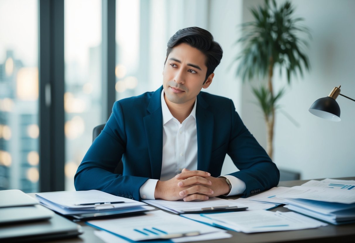 A person sitting at a desk, surrounded by paperwork and financial documents, looking thoughtful and contemplative