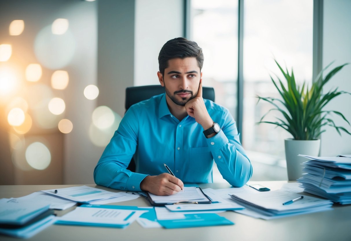 A person sitting at a desk, surrounded by paperwork and financial documents, pondering the decision of whether to pursue a consumer proposal