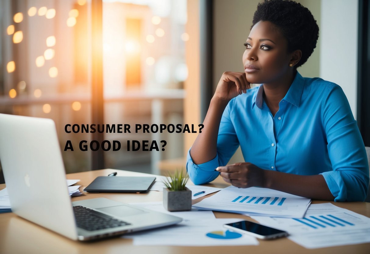 A person sitting at a desk, surrounded by paperwork and a laptop, looking contemplative while considering the question "Is a consumer proposal a good idea?"