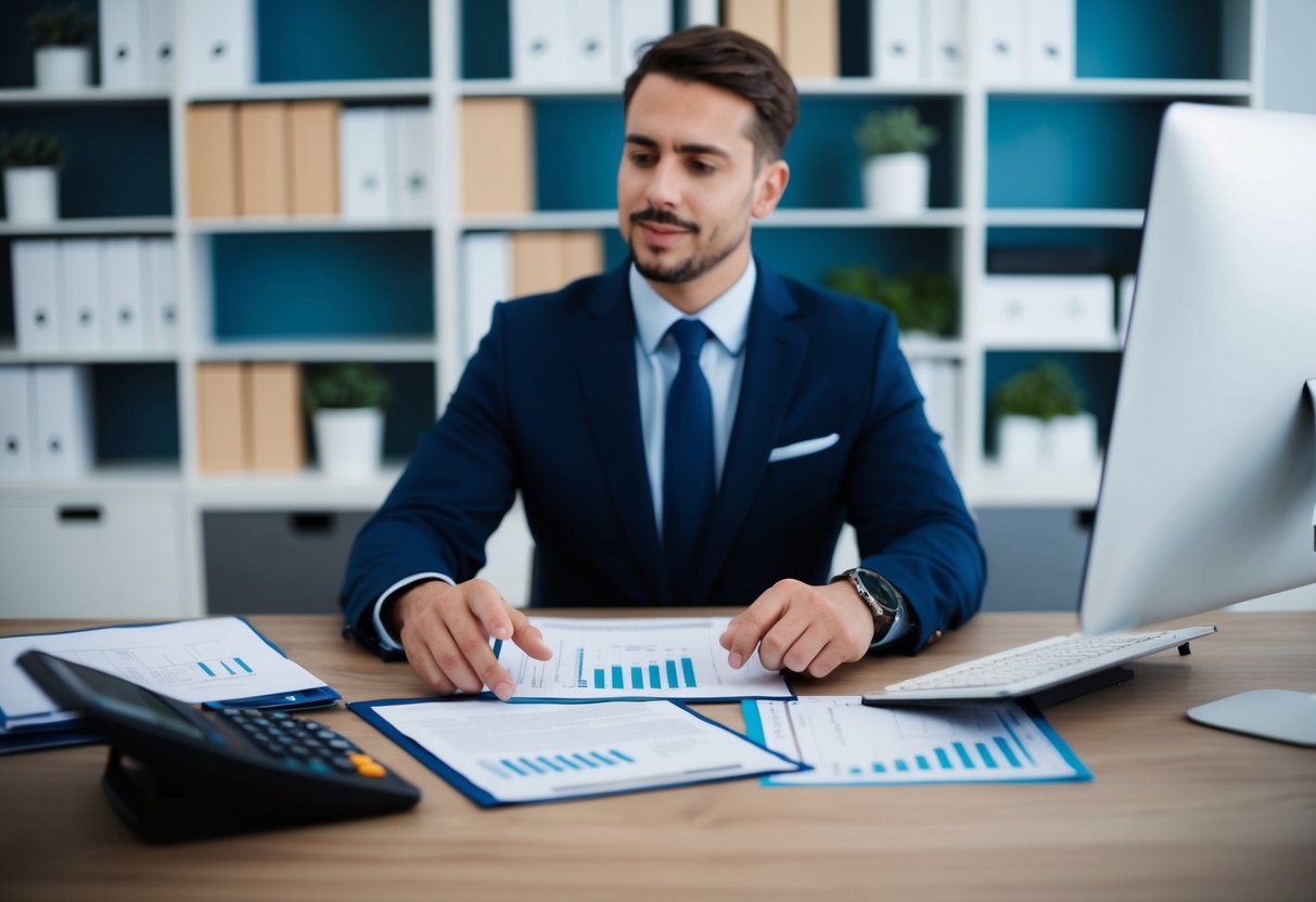 A person sitting at a desk with paperwork, a calculator, and a computer, speaking with a financial advisor