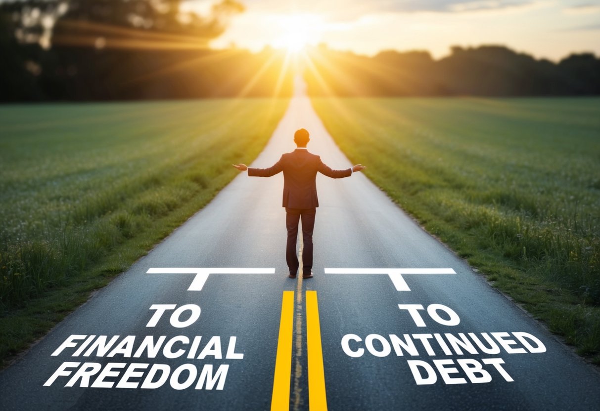A person standing on a path with a fork in the road, one leading to financial freedom and the other to continued debt. The sun shines on the path to freedom
