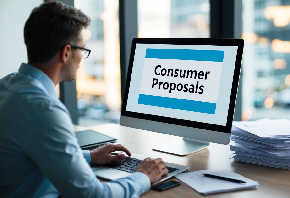 A person at a desk with a laptop and a stack of papers, looking up "consumer proposals" on a computer