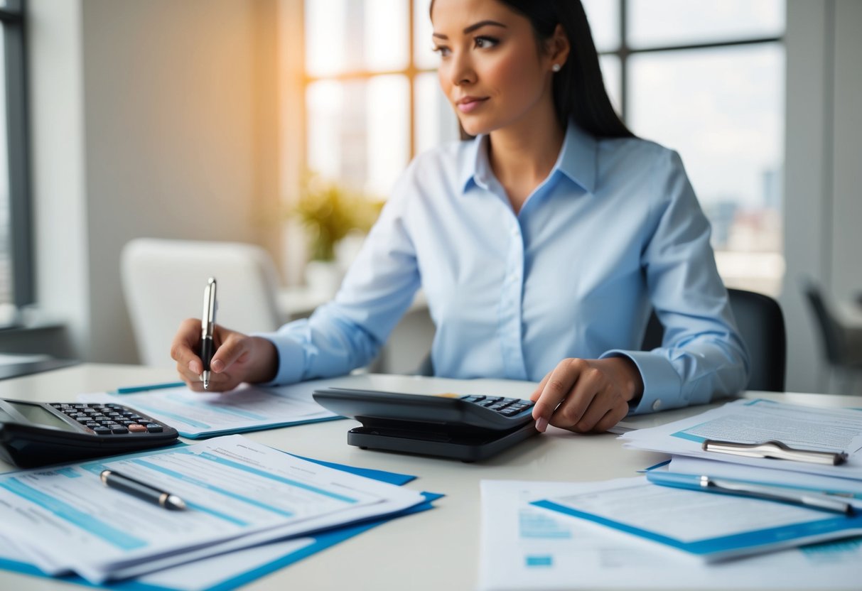 A person sitting at a desk, surrounded by paperwork and financial documents. A calculator and pen are in hand, with a look of concentration on their face