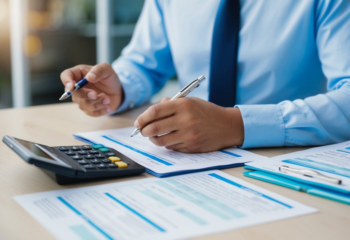 A person sitting at a desk, reviewing financial documents with a calculator and pen in hand. A payment plan is outlined on the table