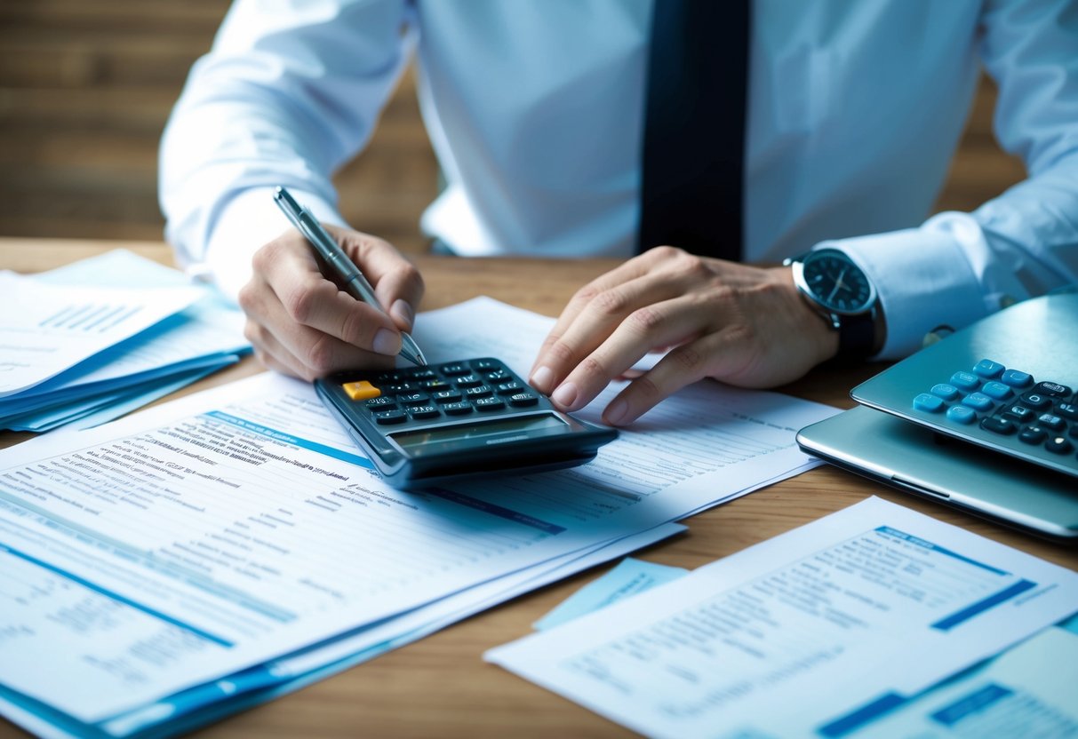 A person reviewing financial documents, with a calculator and pen, surrounded by papers and bills