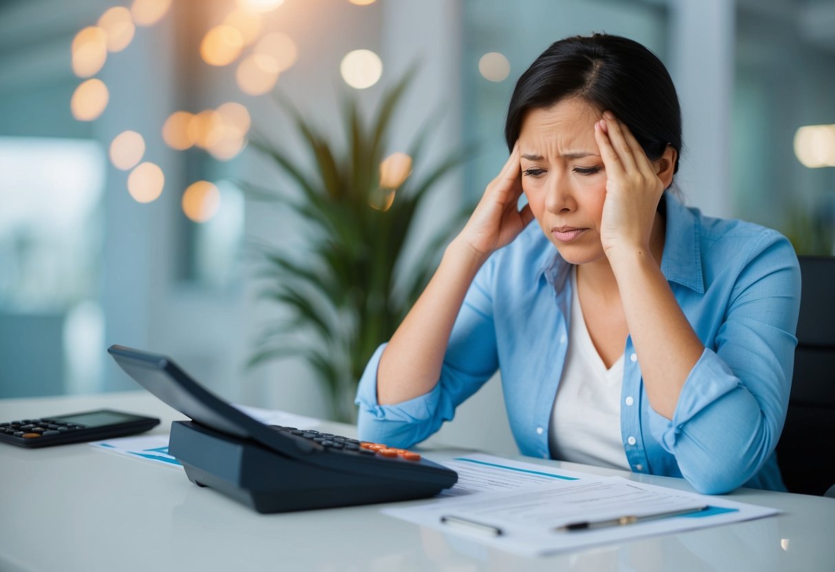 A person sitting at a desk with a calculator and paperwork, looking stressed and confused
