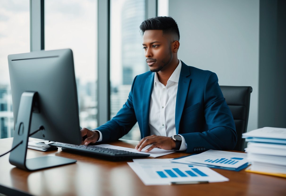 A person researching consumer proposals at a desk with financial documents and a computer