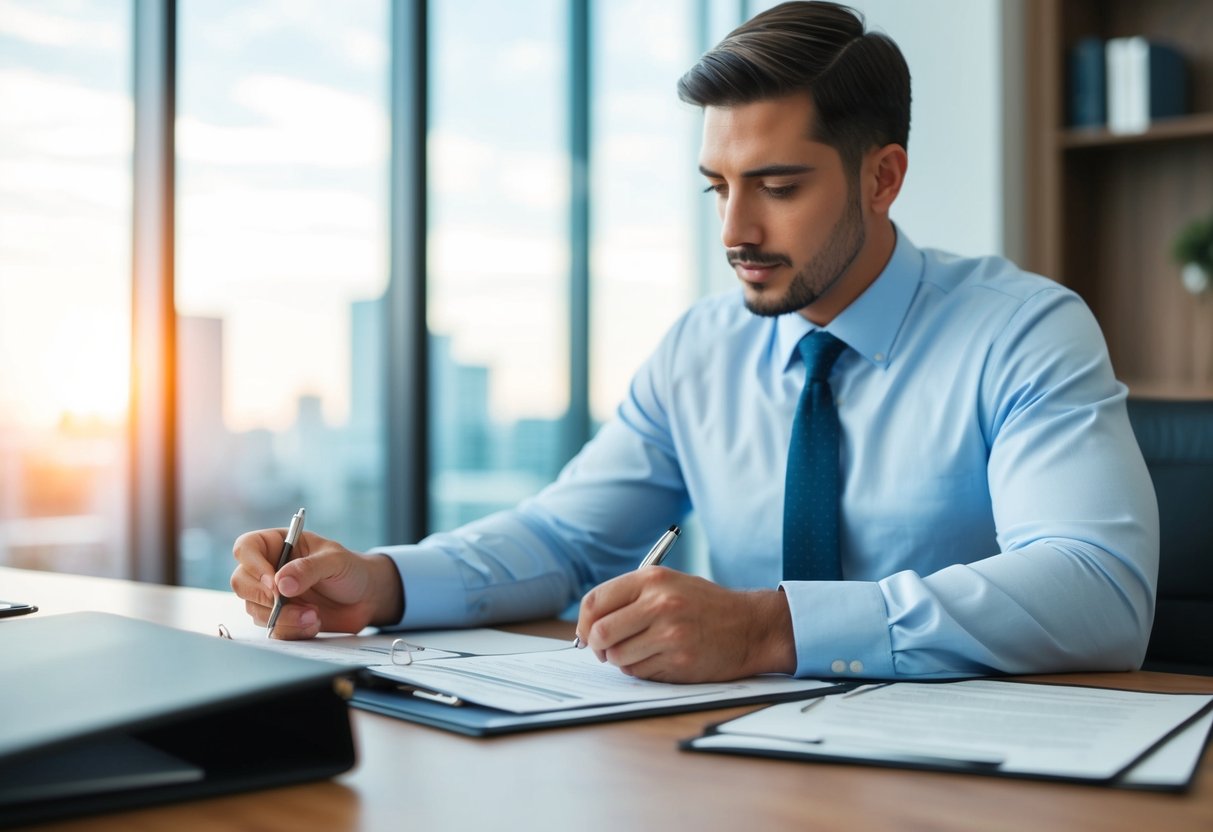 A person reviewing financial documents and signing paperwork at a desk