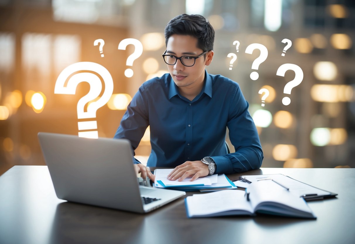 A person researching with a laptop and papers, surrounded by question marks