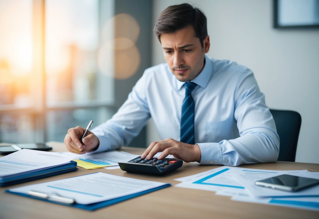A person sitting at a desk surrounded by paperwork and a calculator, with a concerned expression on their face as they calculate the average cost of a consumer proposal