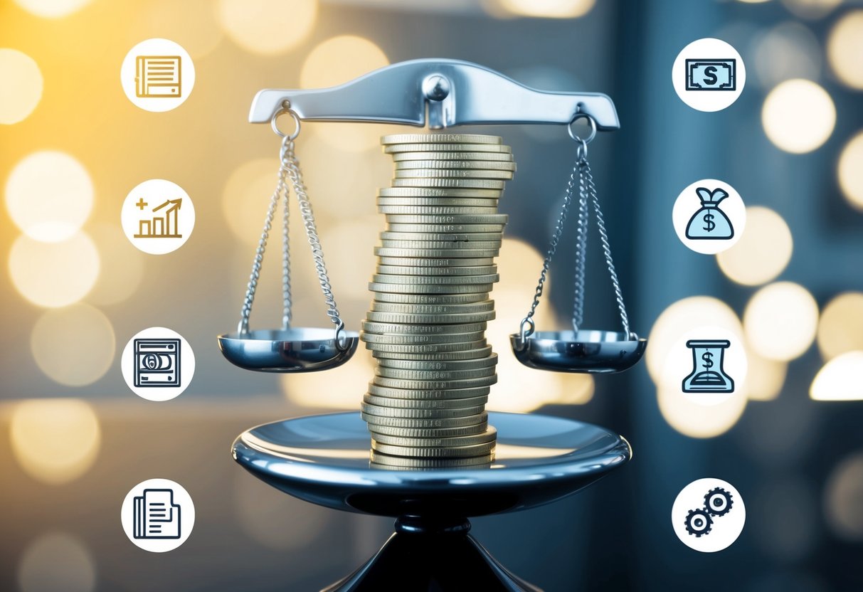 A scale with a stack of money representing the average cost of a consumer proposal, surrounded by icons of other debt solutions