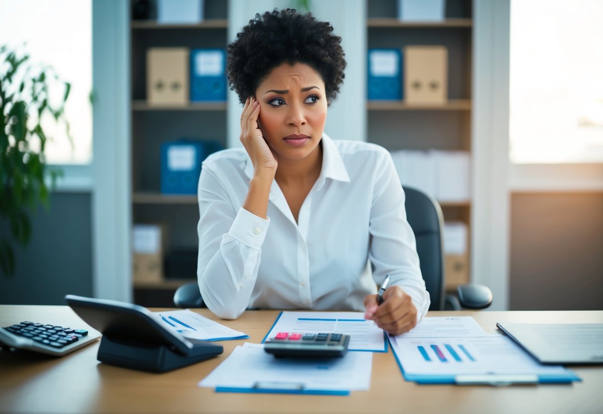 A person sitting at a desk, surrounded by paperwork and a calculator, with a concerned expression on their face