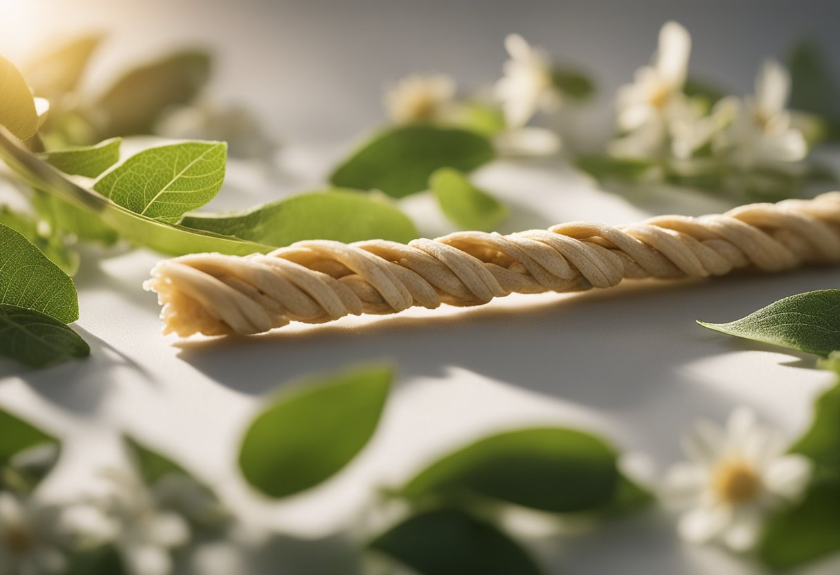 A miswak stick lies untouched on a pristine white surface, surrounded by natural elements like leaves, twigs, and flowers