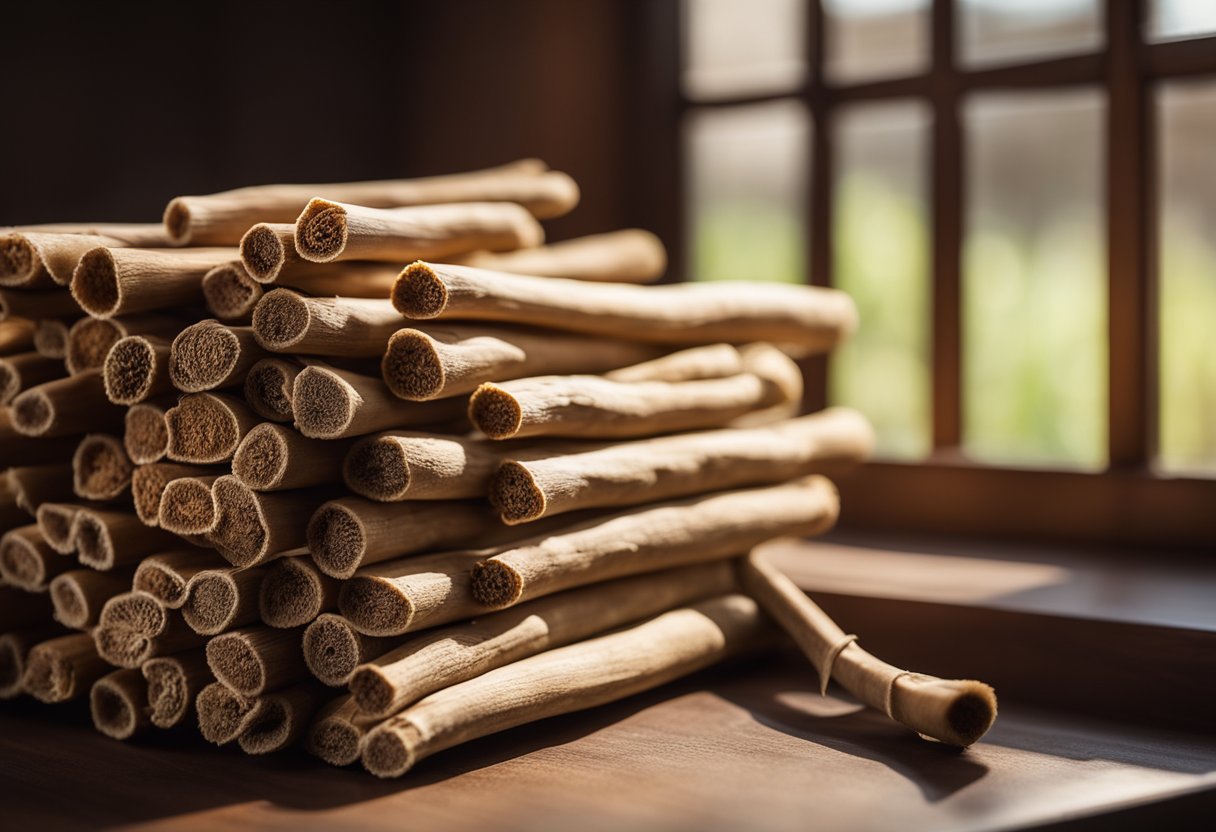 A Miswak stick lying on a wooden shelf, surrounded by dried herbs and spices. Sunlight filters through a nearby window, casting soft shadows on the objects