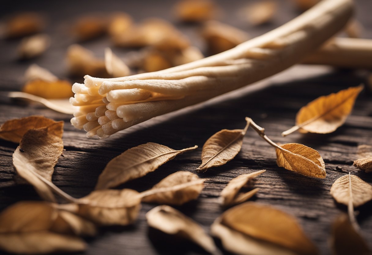 A miswak with dried, cracked bristles and a faded color, surrounded by fallen leaves and dust