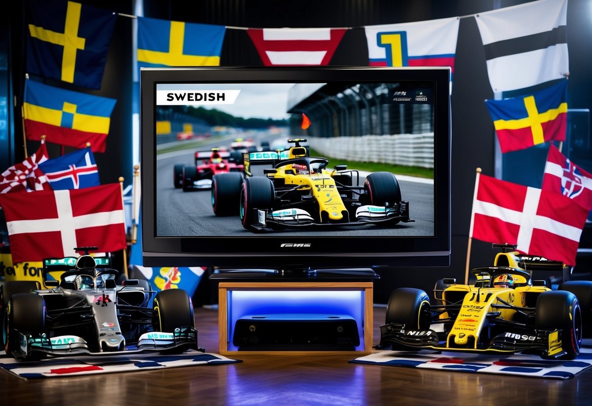 En TV som visar ett Formel 1-lopp med svensk kommentar, omgiven av racingminnen och flaggor från F1-team.