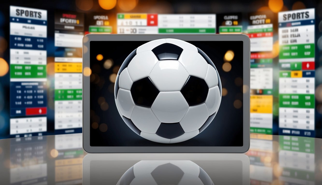 Sebuah bola sepak dikelilingi oleh berbagai odds taruhan olahraga yang ditampilkan di layar digital