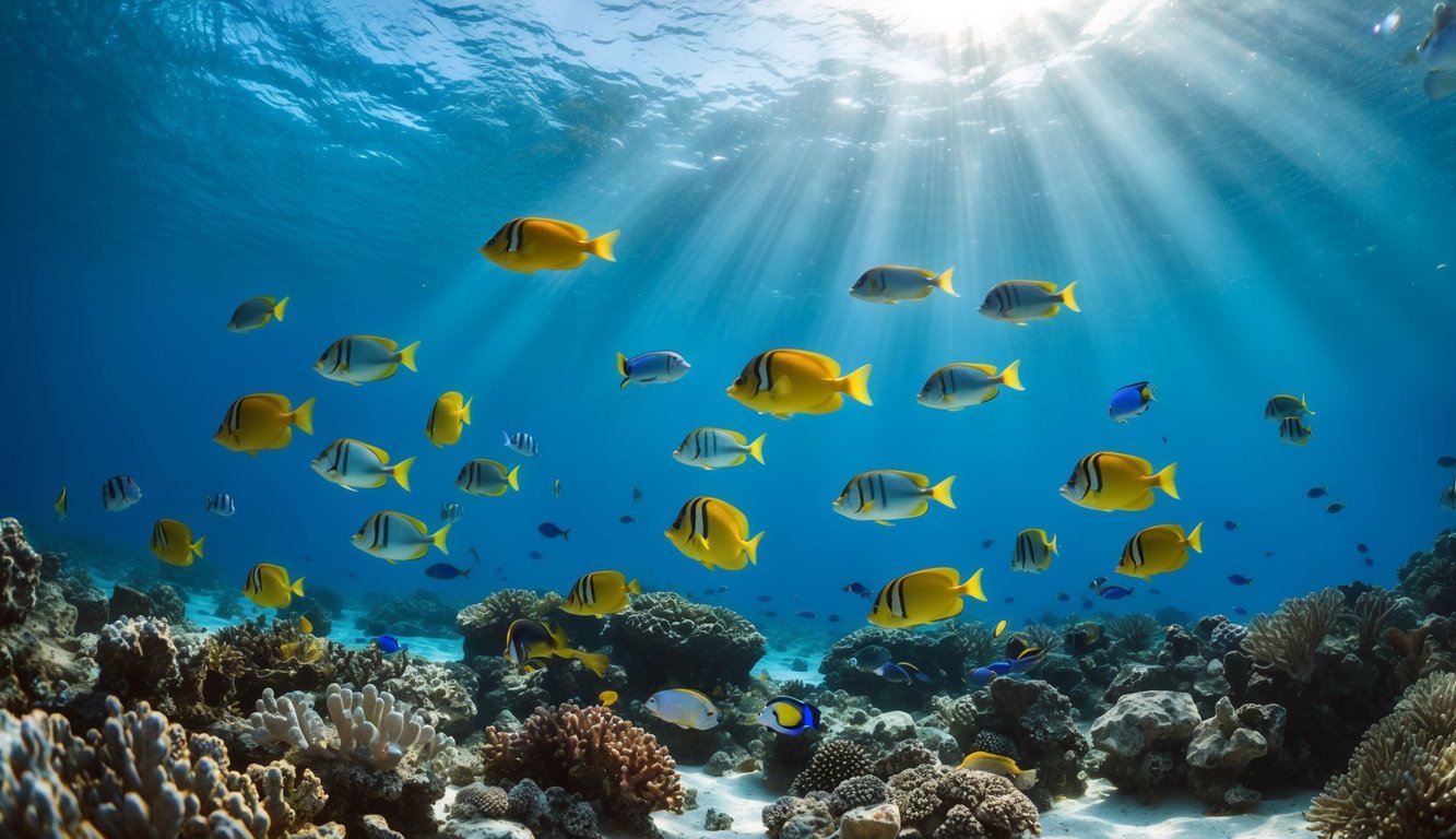 Sebuah pemandangan bawah laut yang tenang dengan ikan-ikan berwarna-warni berenang di sekitar terumbu karang, dengan sinar matahari yang menerobos melalui air