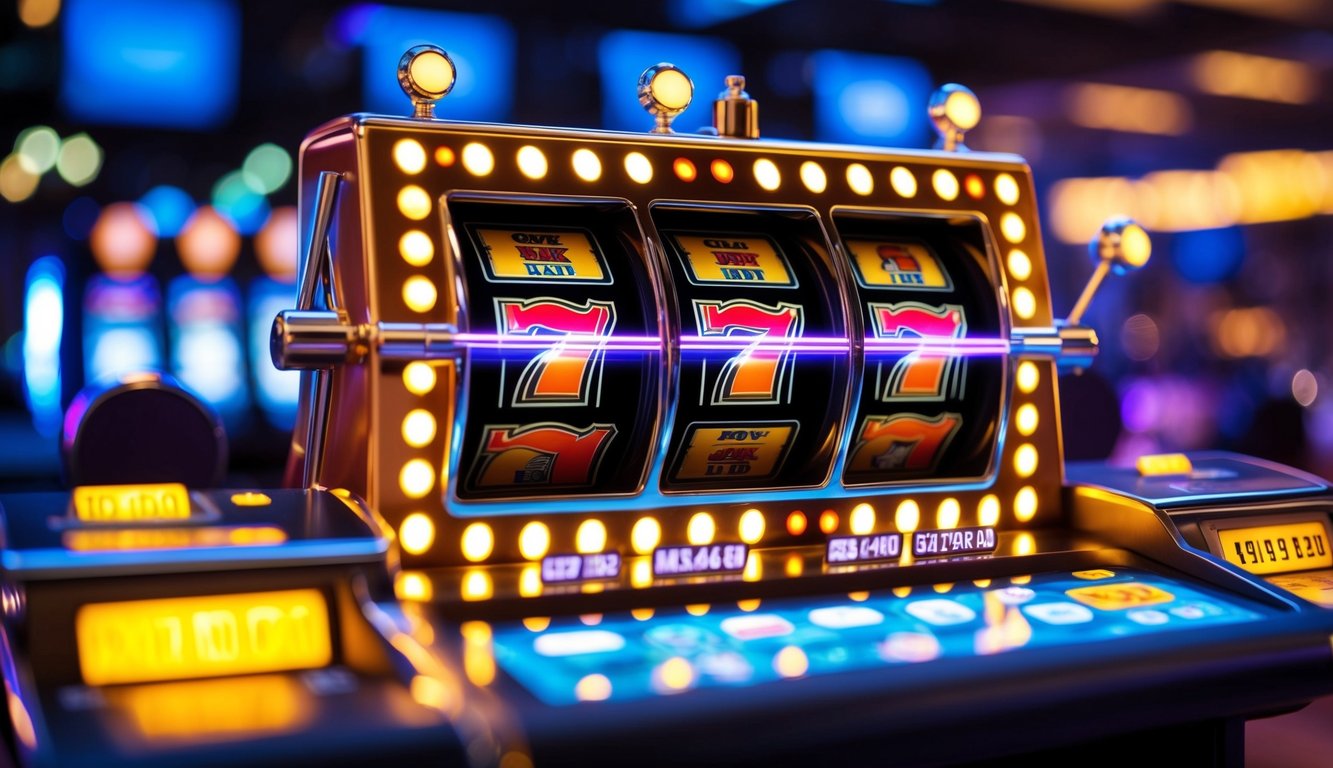 Sebuah mesin slot online yang hidup dan dinamis dengan lampu berkedip dan gulungan berputar, menampilkan potensi untuk jackpot progresif yang besar