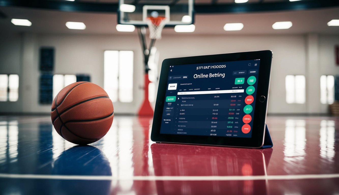 Sebuah lapangan basket dengan perangkat digital yang menampilkan peluang taruhan online