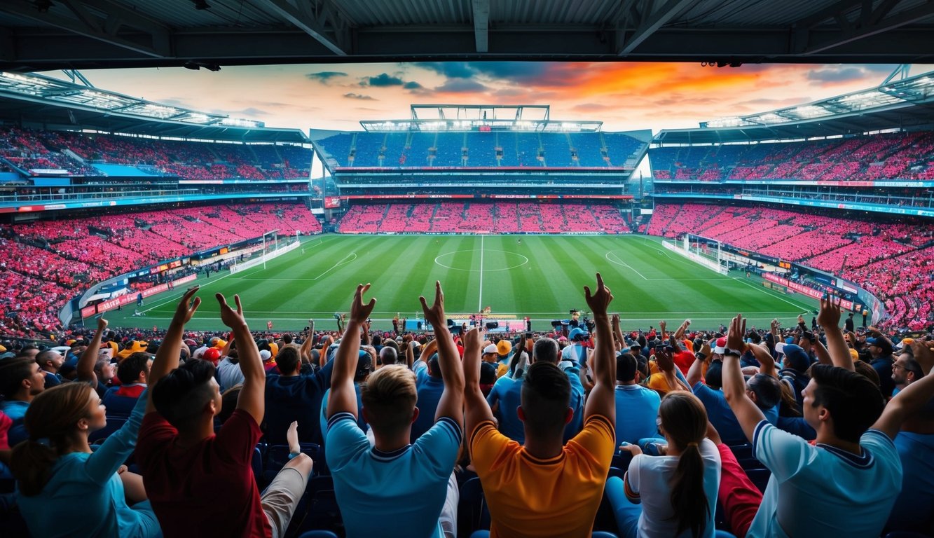 Sebuah stadion olahraga yang ramai dengan warna-warna cerah dan penggemar yang bersorak