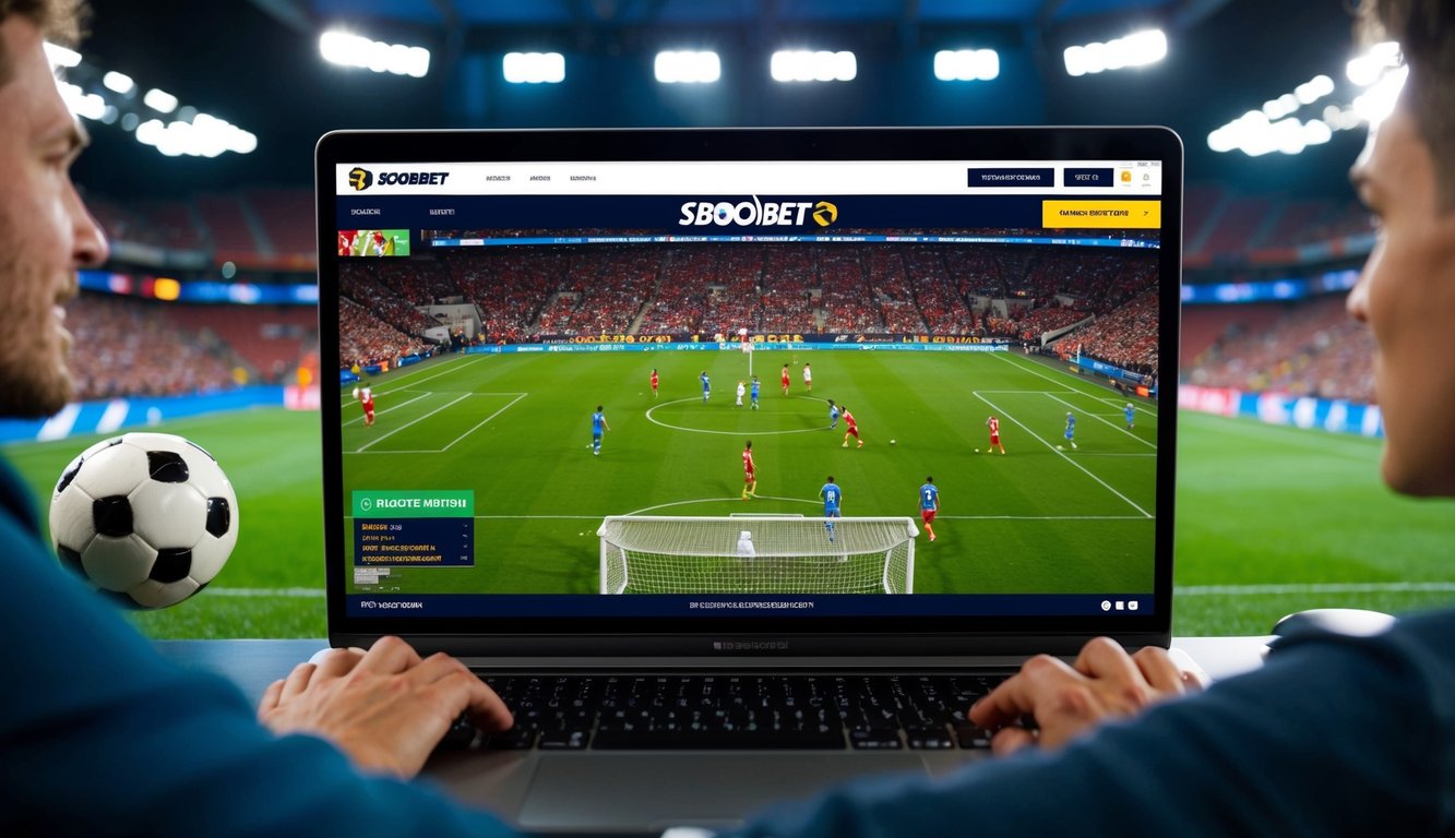 Sebuah pertandingan sepak bola yang disiarkan secara online dengan SBObet, menampilkan aksi langsung dan penggemar yang bersorak