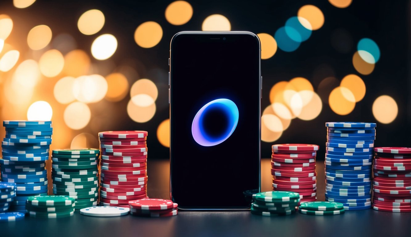 Sebuah smartphone yang ramping dan modern dengan layar yang bersinar, dikelilingi oleh tumpukan chip poker berwarna-warni