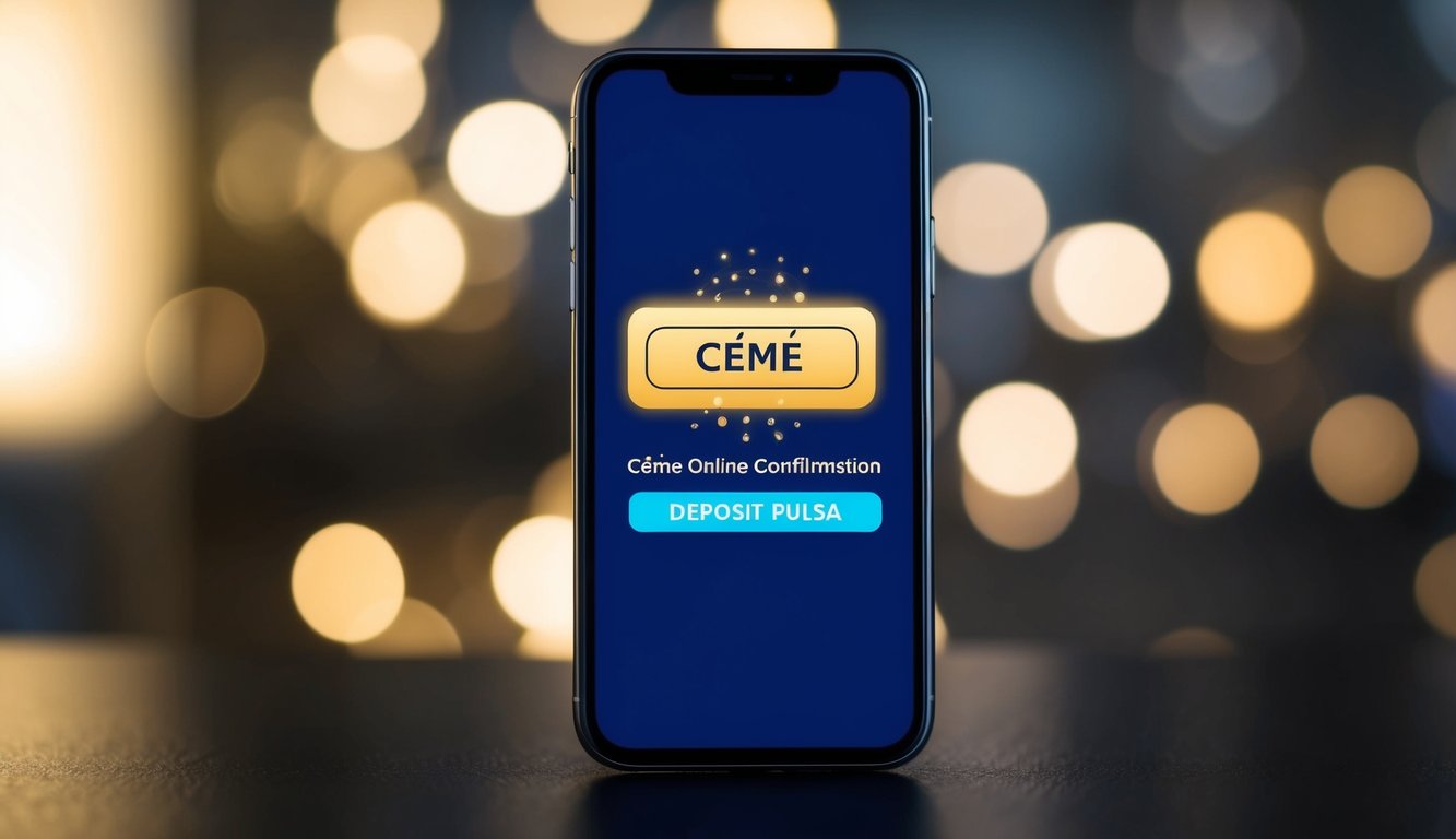 Sebuah smartphone dengan layar yang menyala menampilkan konfirmasi pembayaran digital untuk Ceme Online Deposit Pulsa