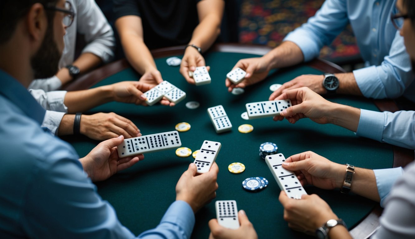 Sekelompok orang duduk di sekitar meja, masing-masing memegang sekumpulan ubin mirip domino, dengan uang dan chip di atas meja