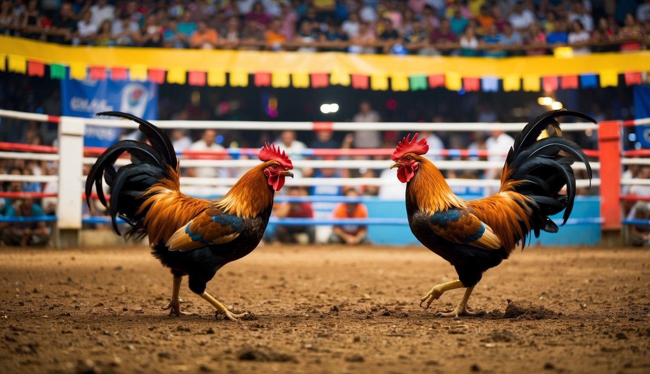 Sebuah arena yang ramai dengan dua ayam jantan yang saling berhadapan dalam pertarungan ayam yang intens, dikelilingi oleh penonton yang bersorak dan spanduk berwarna-warni