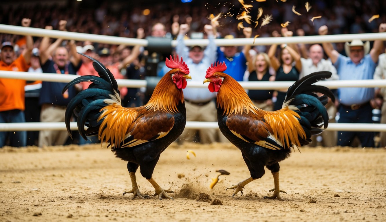 Sebuah arena yang ramai dengan penonton yang bersorak, dua ayam jantan terlibat dalam pertarungan sengit, bulu-bulu beterbangan saat mereka bertabrakan di tengah ring