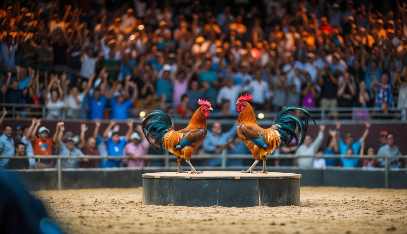 Sebuah arena yang ramai dengan penonton yang bersorak, sebuah panggung pusat dengan dua ayam jantan yang terlibat dalam pertarungan ayam yang disiarkan langsung