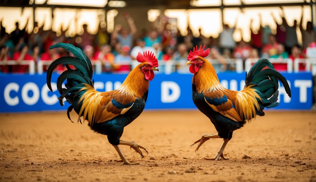 Sebuah arena sabung ayam yang meriah dengan penonton yang bersorak dan dua ayam jantan yang garang terlibat dalam pertempuran