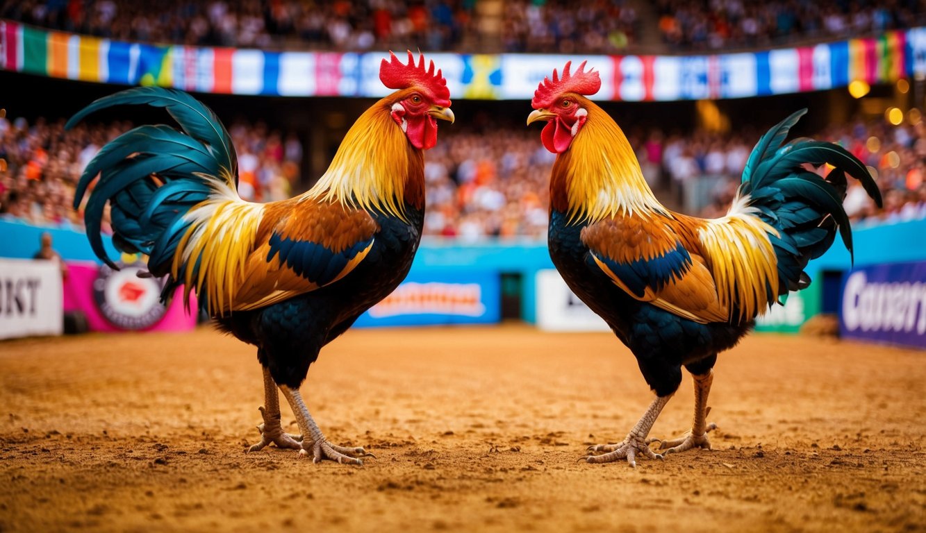 Dua ayam jantan berhadapan di arena yang ramai dan penuh warna, dikelilingi oleh penonton yang antusias dan spanduk berwarna-warni.