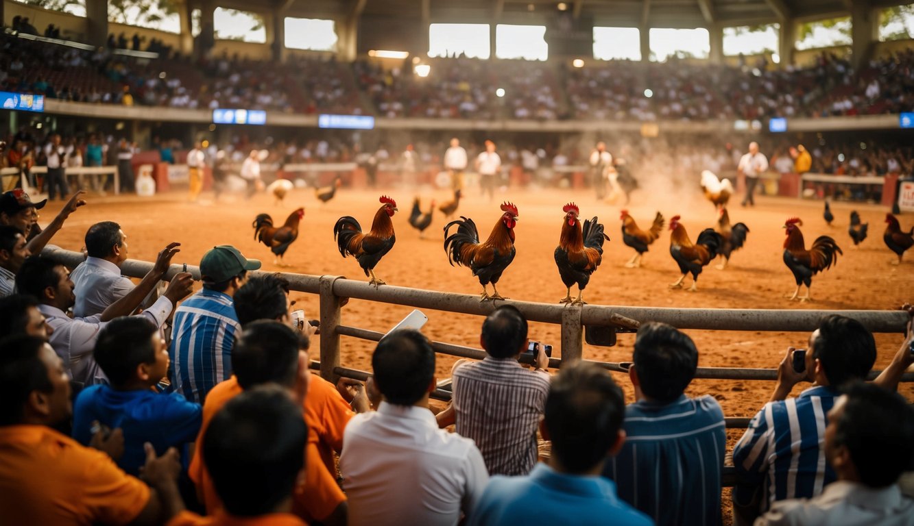 Sebuah arena sabung ayam yang ramai dan hidup dengan ayam jantan di tengah pertandingan sengit, dikelilingi oleh penonton yang antusias