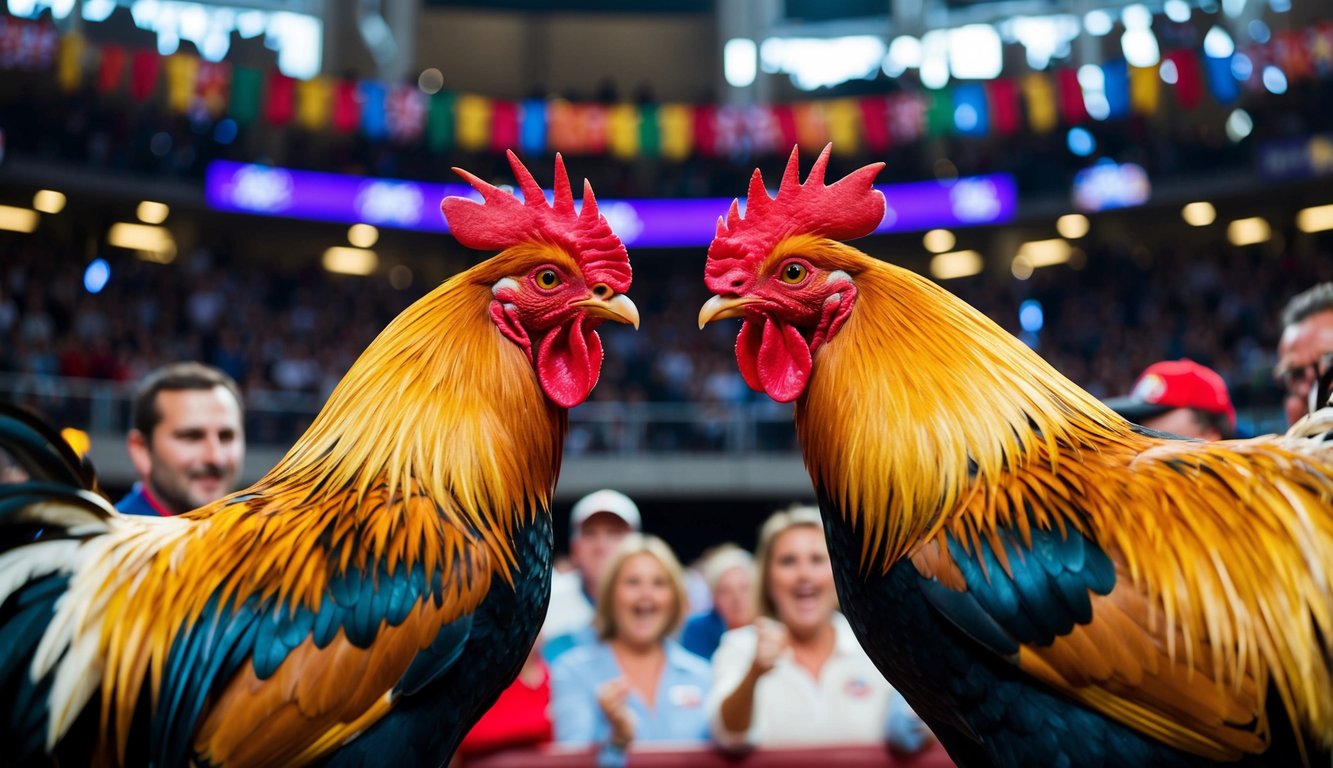 Dua ayam jantan berhadapan di arena yang ramai, dikelilingi oleh penonton yang bersorak dan spanduk berwarna-warni