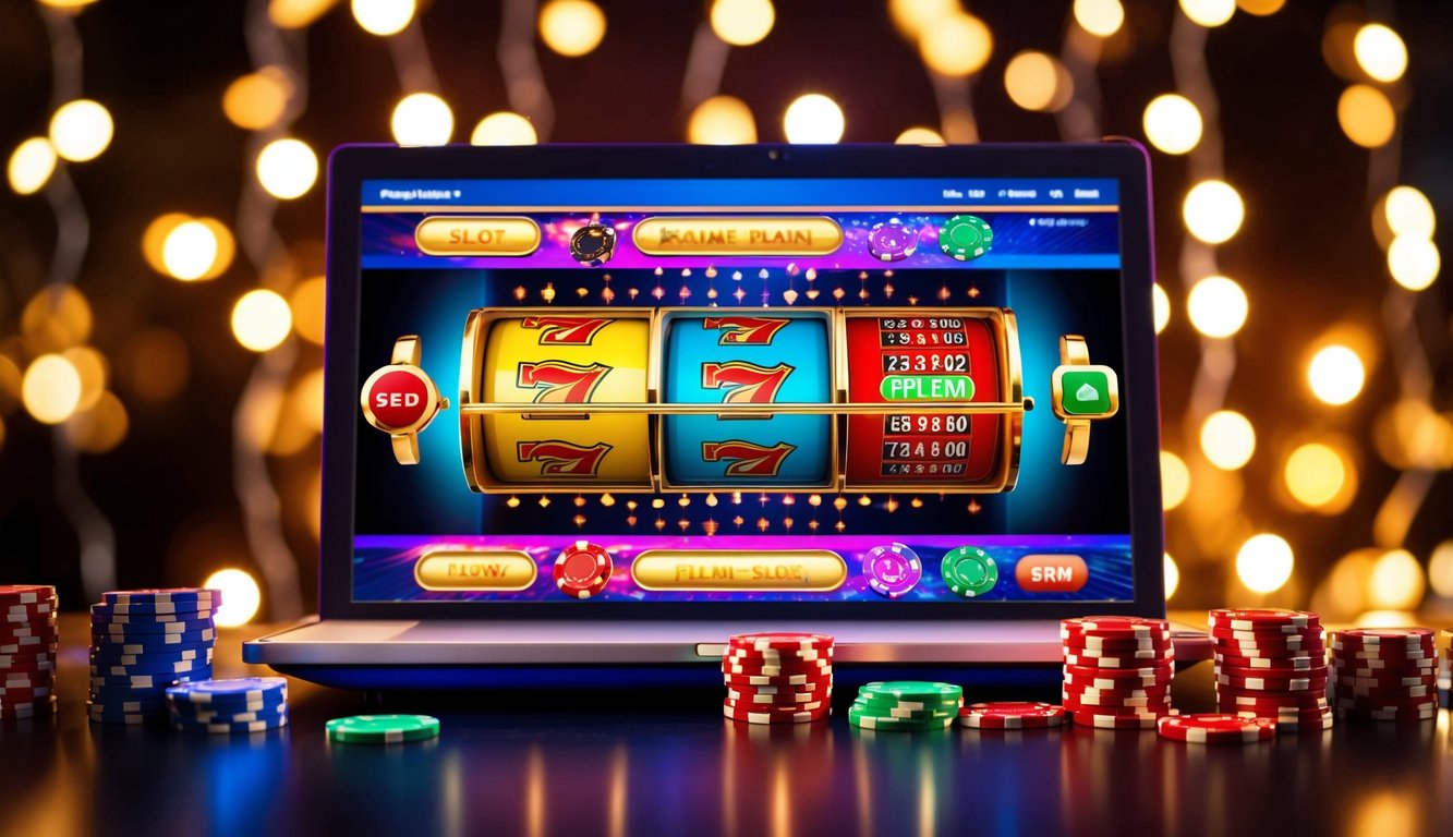 Mesin slot online yang hidup dikelilingi oleh cahaya yang bersinar dan elemen bertema kasino