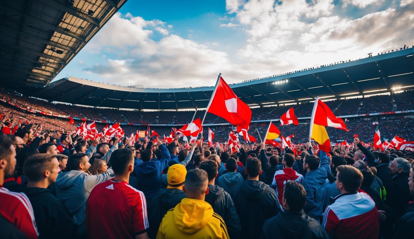 Sebuah stadion sepak bola yang ramai dengan penggemar yang bersorak dan melambaikan bendera