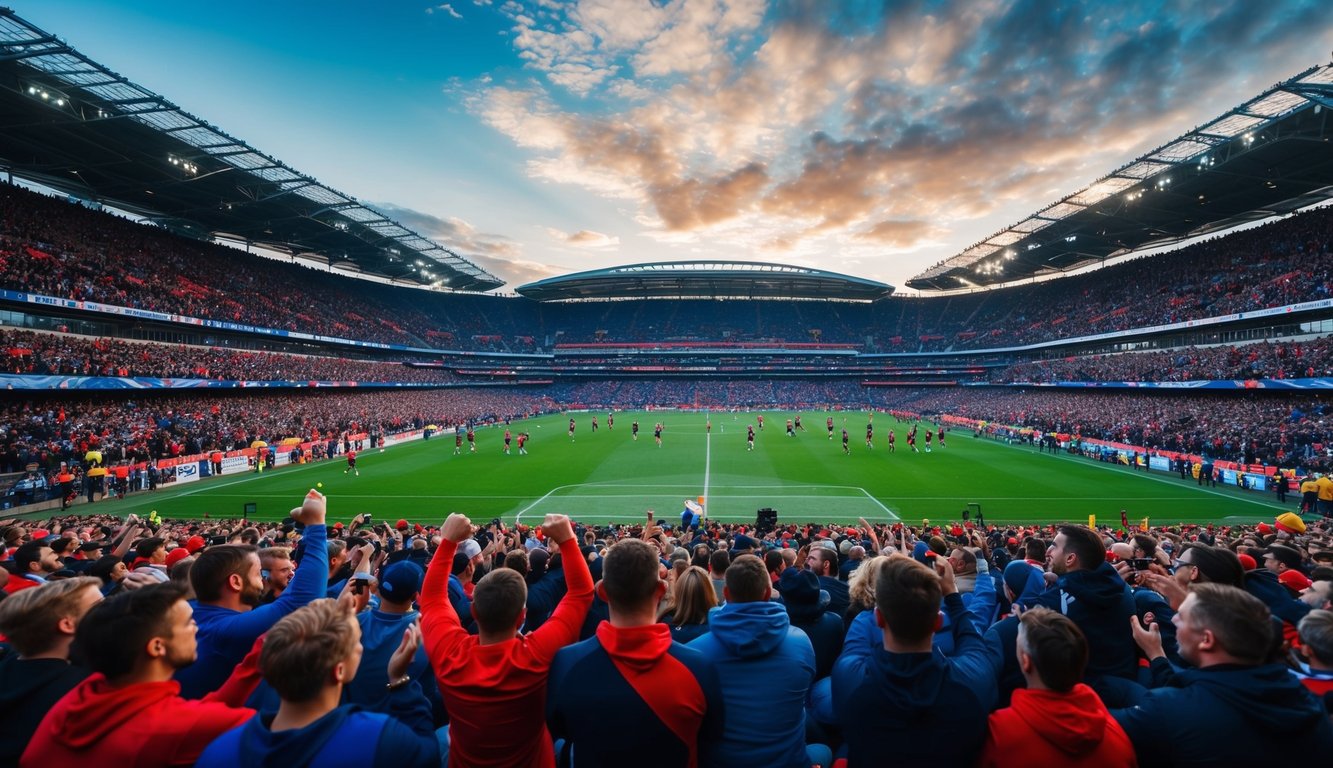 Sebuah stadion yang ramai dengan penggemar yang bersorak dan pemain di lapangan