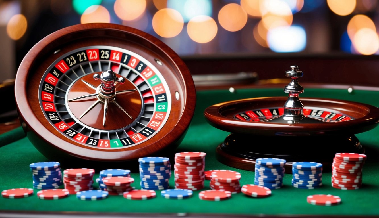 Roda roulette berputar dengan chip berwarna-warni yang tersebar di sekitarnya